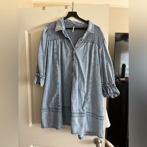 Free people denim tunic button down with smocking. Like new. Worn once. Size XL